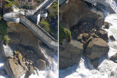 Hurricane-powered waves batter California coastline sparking massive rockslide at beauty spot