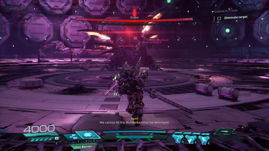 An in-game screenshot showing a robot in the middle (controlled by the player) striding to fight a dragon with flaming wings.