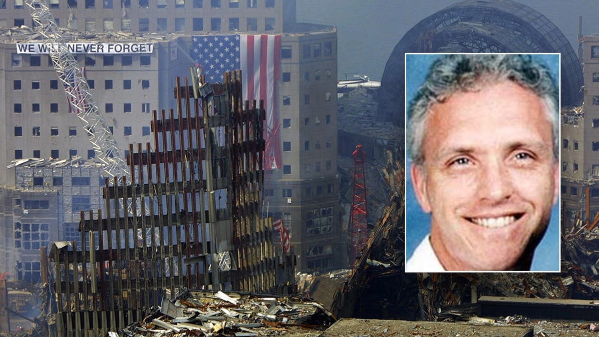 Image shows 9/11 rubble and photo of victim
