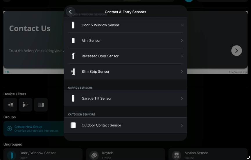 Abode app showing setup for new sensors.