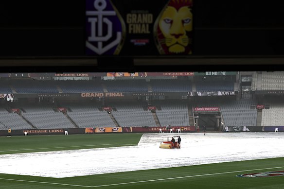 A wet ground ahead of AFL Grand Final 2026. Brisbane Lions v Fremantle Dockers at MCG
