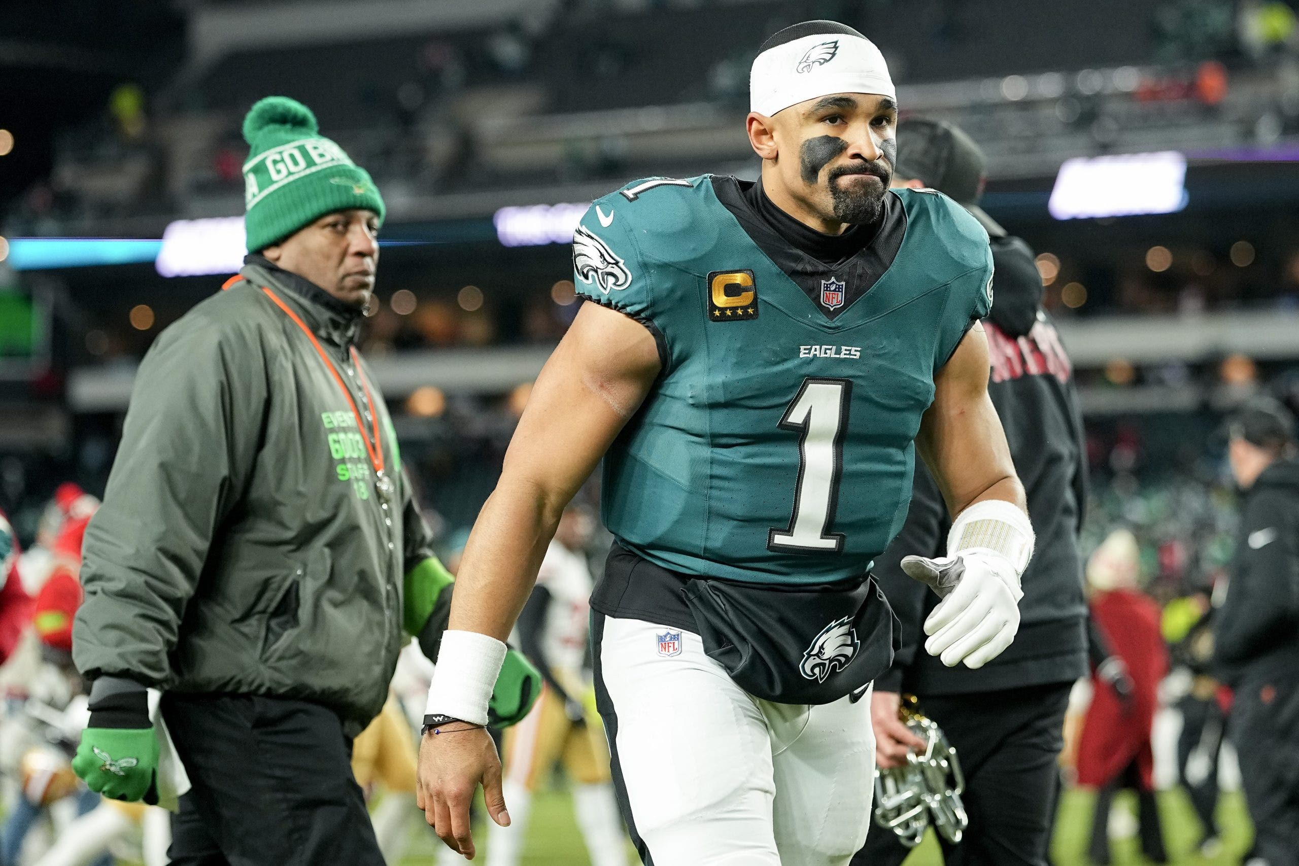 Last season ended for Jalen Hurts with a wild-card loss at home to the 49ers. (Mitchell Leff/Getty Images)