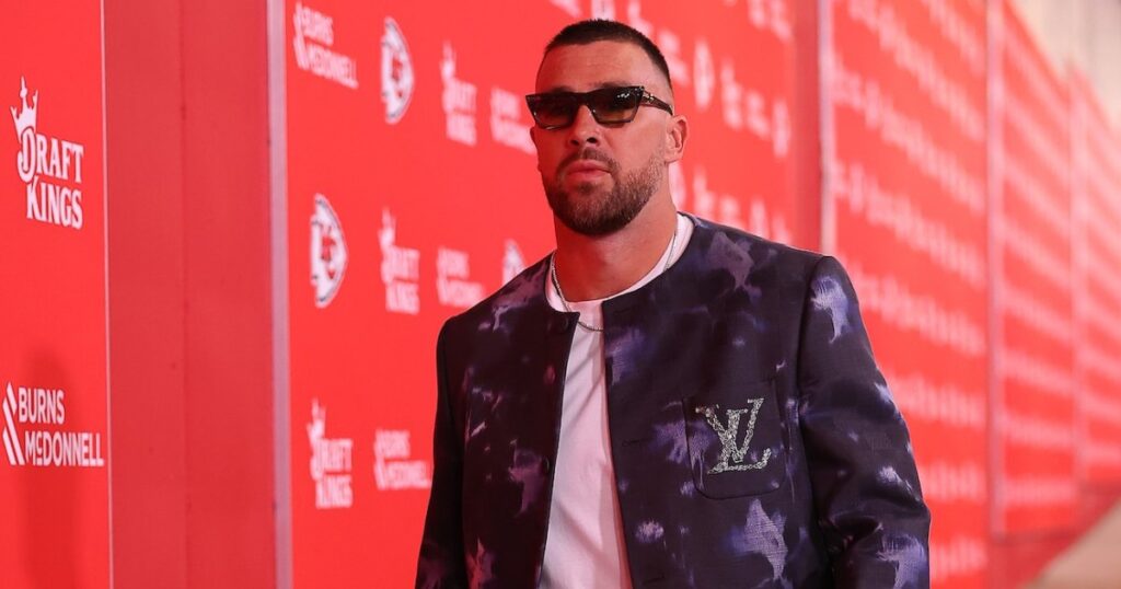 Travis Kelce Looks Sharp in a $5K Louis Vuitton Jacket at Kansas City Chiefs Game