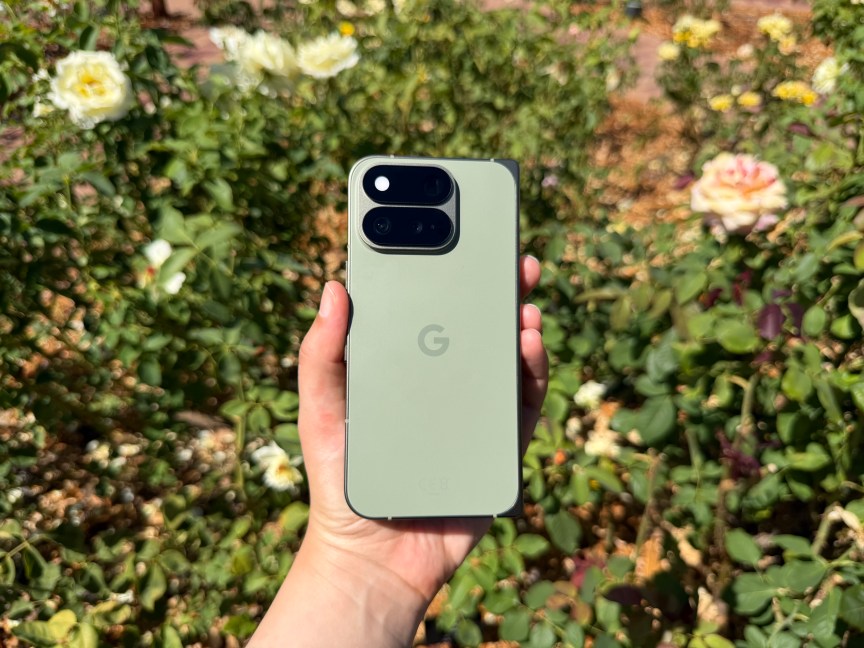 The Pixel 11 Pro Fold in olive, amid rose bushes